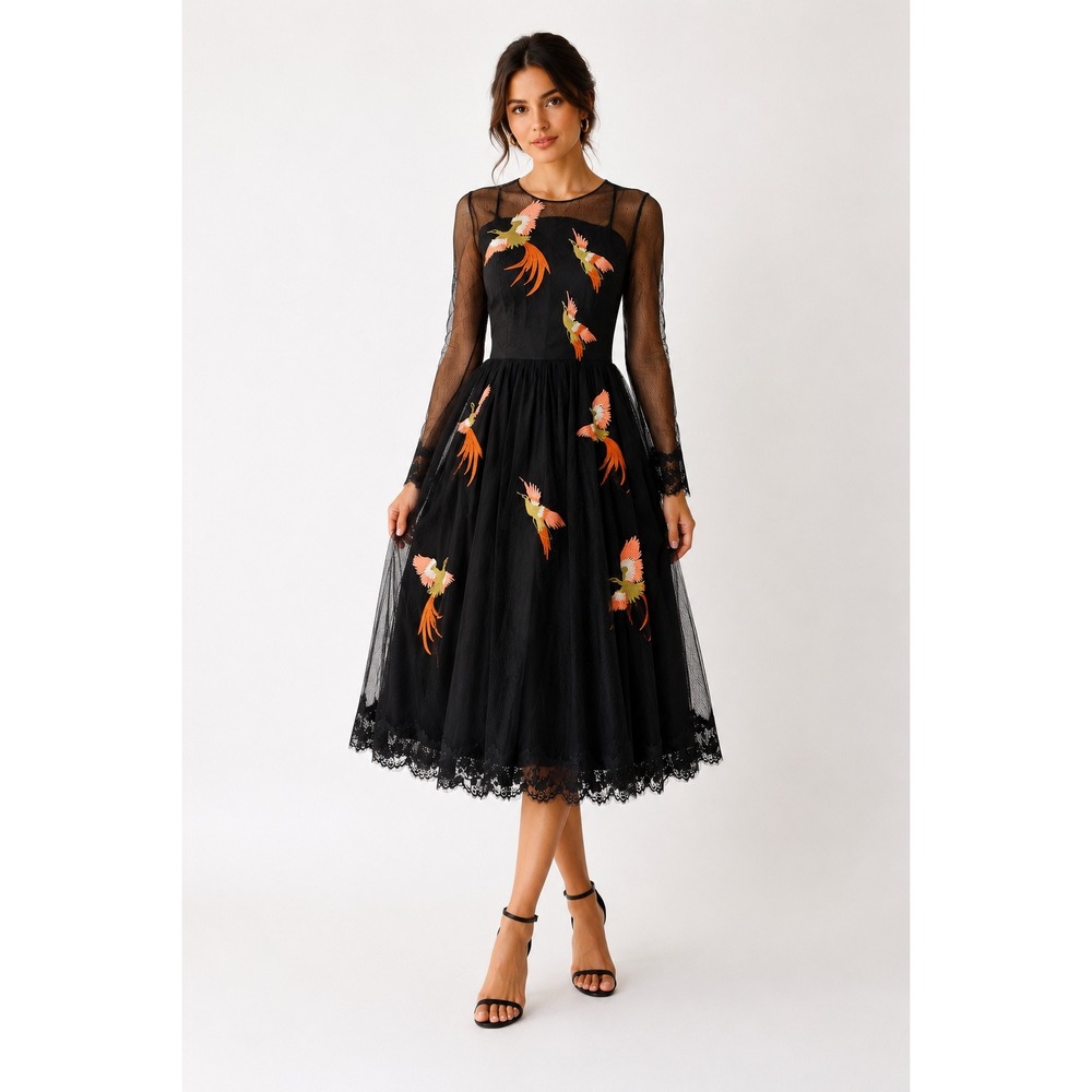 O'BLANC Dress Women S Black Tulle Bird Embroidered Midi Cocktail Party Whimsical